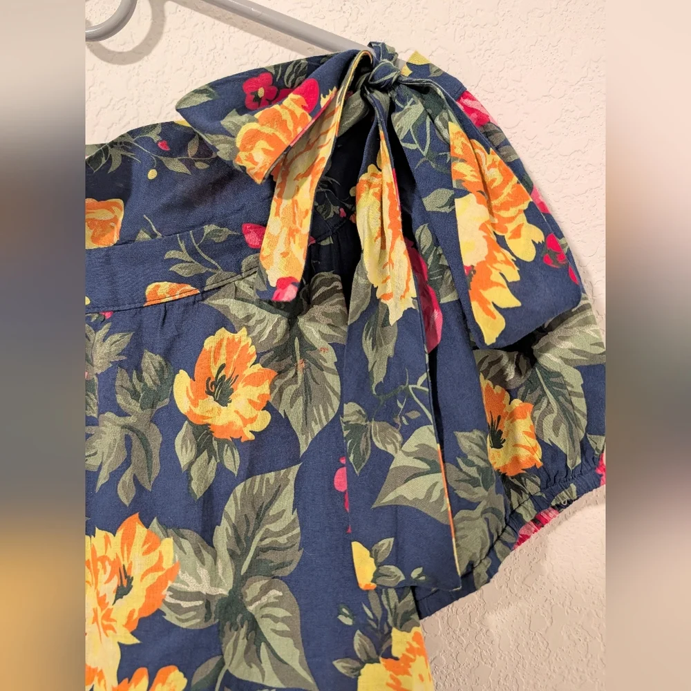 Navy Colorful Floral Cotton Boat Neck Puff Sleeve Relaxed Blouse M Resortwear - Picture 7 of 11